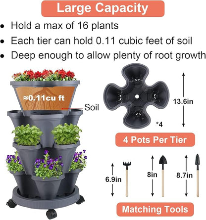 GameXcel Vertical Planter Tower- 4 Tier Stackable Garden Planter with Wheels and Tool Set – Grow Strawberries Herbs Flowers and Vegetables - Indoor Outdoor Use Dark Gray