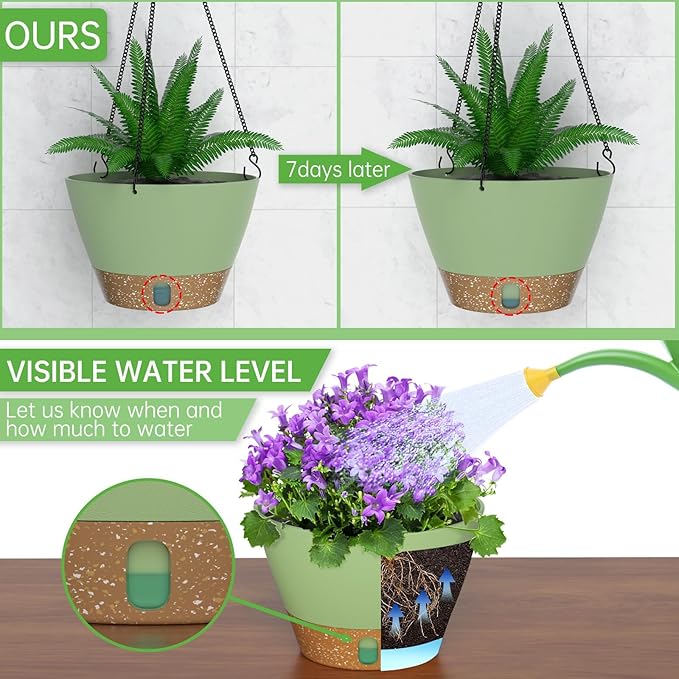 ZMTECH 2 Pack 10 Inch Hanging Planters for Indoor Plants, Modern Hanging Planter with Visible Water Level Window & Removable Tray, Green Plant Hanger Indoor for Home & Patio