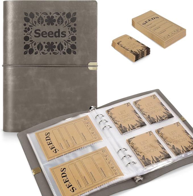 Seed Storage Organizer, Seed Packet Organizer Binder with 80Pcs Garden Seeds Storage Envelopes and 40 Clear Pocket Sheet Protectors for Protecting Vegetable Seeds (Gray, 9.1 x 6.5inch)