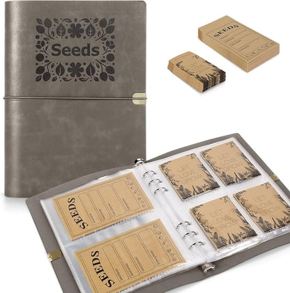 Seed Storage Organizer, Seed Packet Organizer Binder with 80Pcs Garden Seeds Storage Envelopes and 40 Clear Pocket Sheet Protectors for Protecting Vegetable Seeds (Gray, 9.1 x 6.5inch)