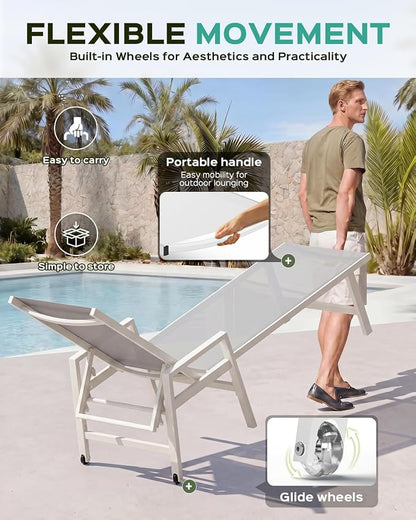 Patio Chaise Lounge Chair Outdoor with Wheels&Armrests, Aluminum Pool Lounge Chairs Five-Position Adjustable Recliner with Side Table, Outdoor Beach Lounge Chairs for Outside, Deck, Yard, White