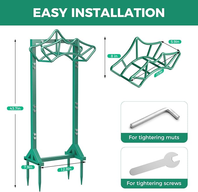 Garden Hose Holder with 2 Tool Hooks, Heavy-Duty Freestanding Hose Holder Holds 160Ft Hoses, Rustproof Freestanding Hose Stand with 4 Spikes Water Hose Hanger Storage Reel Rack for Outside, Yard, Lawn