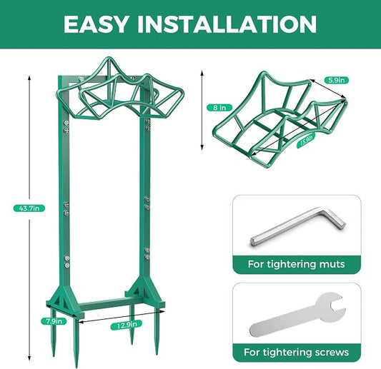 Garden Hose Holder with 2 Tool Hooks, Heavy-Duty Freestanding Hose Holder Holds 160Ft Hoses, Rustproof Freestanding Hose Stand with 4 Spikes Water Hose Hanger Storage Reel Rack for Outside, Yard, Lawn