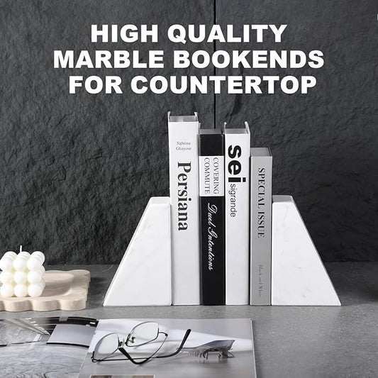 Karibiber Marble Bookends for Heavy Books, Decorative Book Ends for Shelves, White Stone Durable and Heavy-Duty Book Ends for Hardback Books & CDS, Unique Book Stopper & Holder, Set of 2