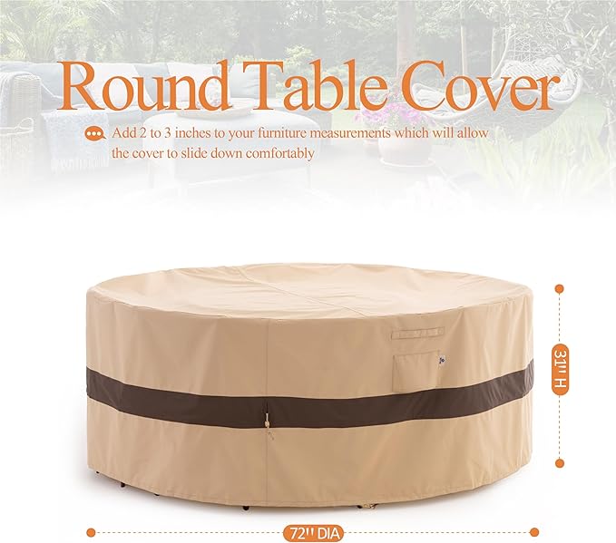 WJ-X3 Round Patio Furniture Cover, 72" D x 31" H, Waterproof, UV Resistant, Anti-Fading Outdoor Cover for Round Dining Table and Chairs Set, Beige & Coffee
