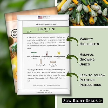 Sow Right Seeds - Zucchini Mix Seed for Planting - Non-GMO Heirloom Packet with Instructions to Plant and Grow an Outdoor Home Vegetable Garden - Vigorous and Productive Variety Pack (4)
