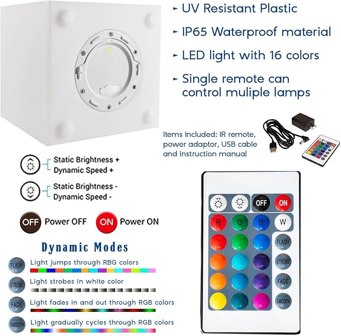 Novelty Lights 4 Inch RGB Cube Rechargeable Night Light, Waterproof Mood Lighting with Remote Control, Color-Changing Glow Cube for Indoor/Outdoor Use