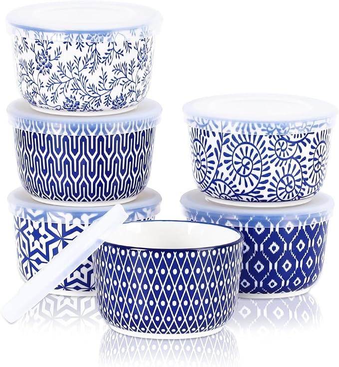Selamica Ceramic Ramekins with Lids, 10 OZ Creme Brulee Ramekins with Covers Oven Safe, Custard Cups Small Baking Bowls for Souffle, Pudding, Onion Soup, Dips, Set of 6, Vintage Blue