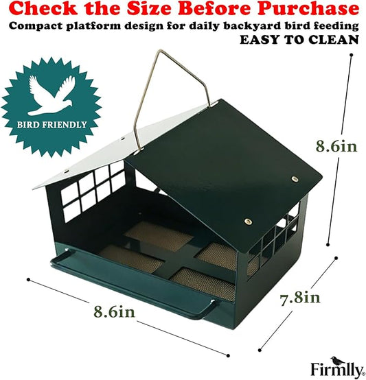 All-Metal Platform Bird Feeder for Outdoors, Dark Green Rustproof Hanging Bird Feeder with Double-Sided Long Perches, Weatherproof Wild Bird Feeder for Small Birds, Compact Garden Decor