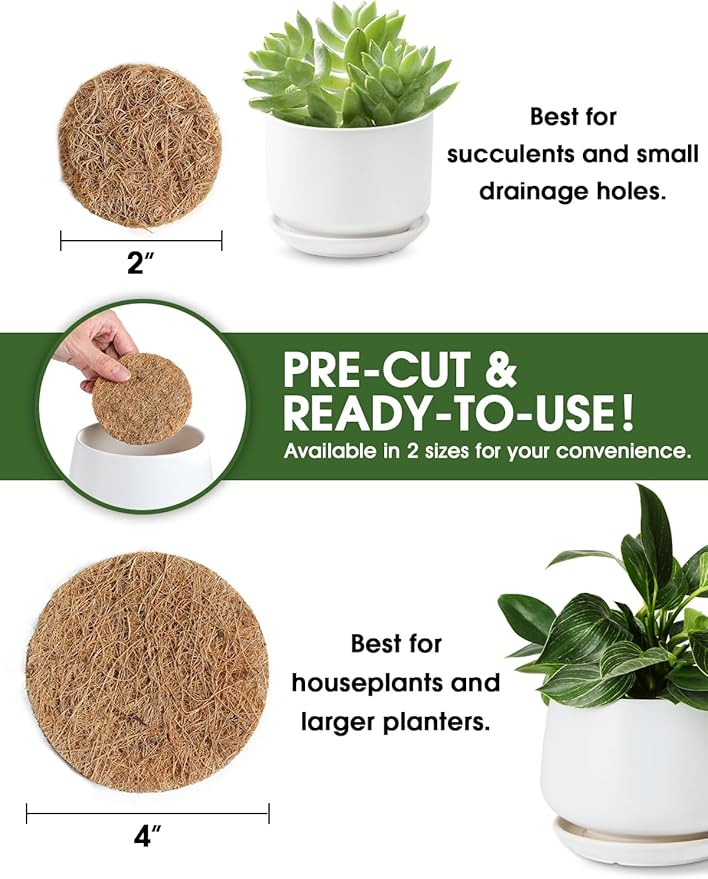 LE TAUCI Coconut Coir Drainage Mesh Pads for Flower Pots, Pre-Cut 4 Inch Pot Hole Covers to Prevent Soil Loss, Natural Coir Fiber Liners for Indoor & Outdoor Planters, 20 Pack