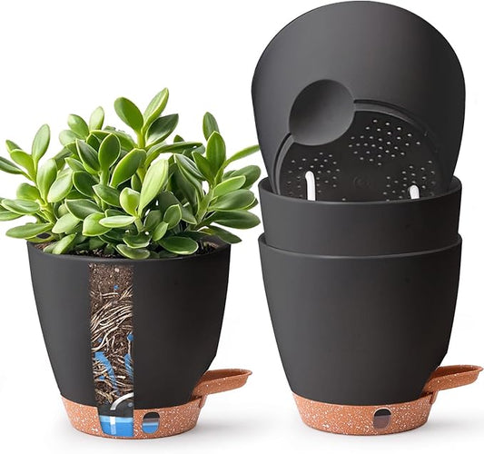 T4U 6 Inch Self Watering Pots for Indoor Plants - Mess-Free Bottom Watering Planter for Herbs/Pothos/Succulent Plants, Indoor Outdoor Use (Black, 4 Pack)