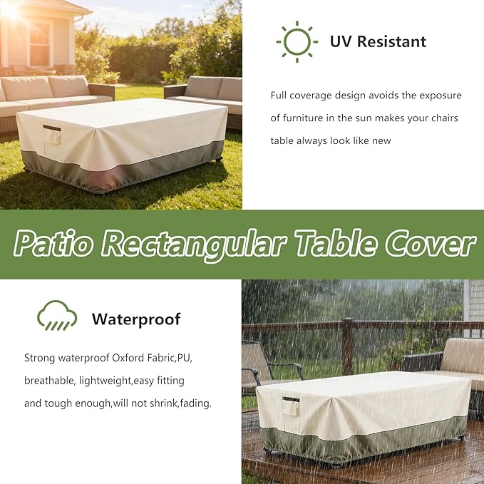 72 Inch Rectangular/Oval Patio Table Cover,Heavy Duty Waterproof Outdoor Dining Table Cover, Patio Furniture Covers, Beige