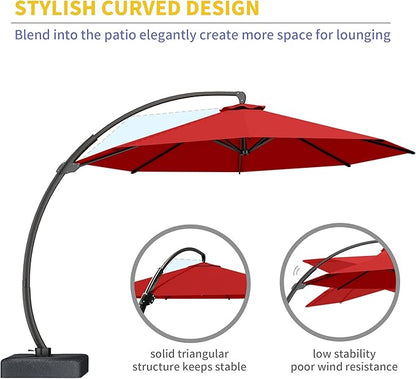 Kingdura 12ft Offset Cantilever Patio Umbrella with Base Included, Large Round Aluminum Outdoor Umbrella, 360° Rotation & Infinite Tilt, Heavy Duty Frame for Deck Pool Backyard, Red