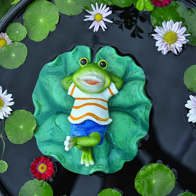 Sungmor Floating Resin Frog Figurine - Pond Decor with Water Floating Lotus Leaf and Frog Ornament - Outdoor Garden Decoration