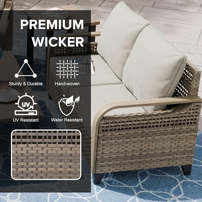 COOS BAY Modern Wicker Outdoor Furniture Set, Patio Conversation Set with Patio Chairs, 2 Seat Loveseat, Coffee Table and Side Table, 5 Piece, Brown/Gray