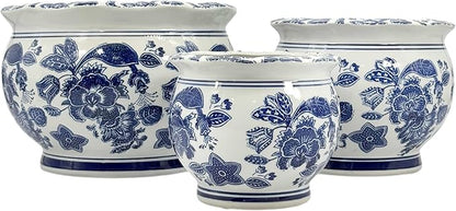 Galt International Floral Blue & White Round Porcelain Ceramic Plant Flower Planter Pot Set of 3 (8", 10", 12") Garden Pots Chinese Asian Design