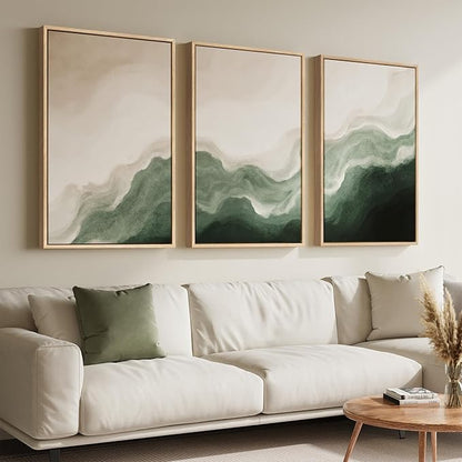 Large Framed Green and Beige Abstract Wall Art for Living Room, 3 Piece Modern Neutral Canvas Prints Paintings Artwork for Walls, Minimalist Abstract Pictures for Hallway Bedroom Wall Decor 24x36 In