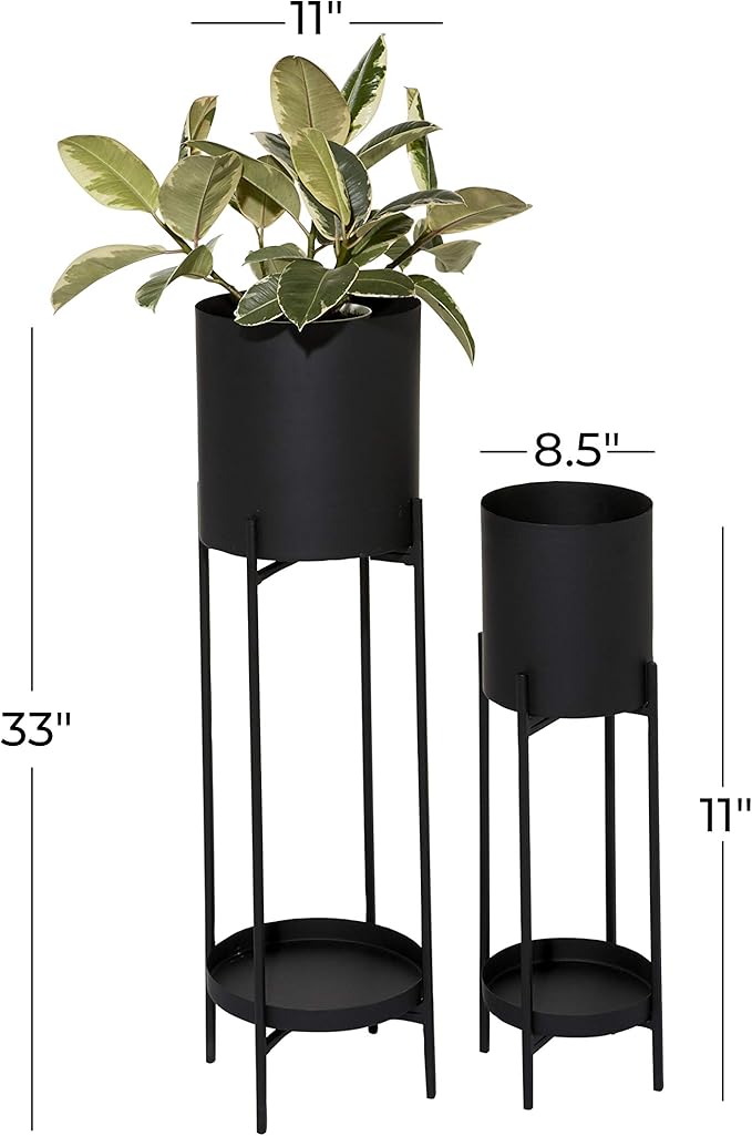Deco 79 Metal Indoor Outdoor Planter Large Planter Pot with Lower Shelf and Removable Stand, Set of 2 Planters 24", 33"H, Black