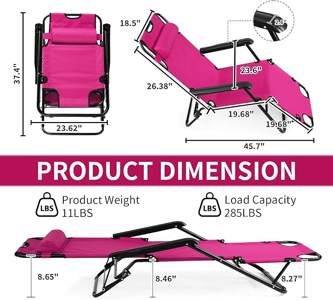 Outvita Folding Chaise Lounge Chair, Outdoor Adjustable Recliner Chair with Pillow for Camping, Beach, Poolside, Garden, Backyard, Lawn
