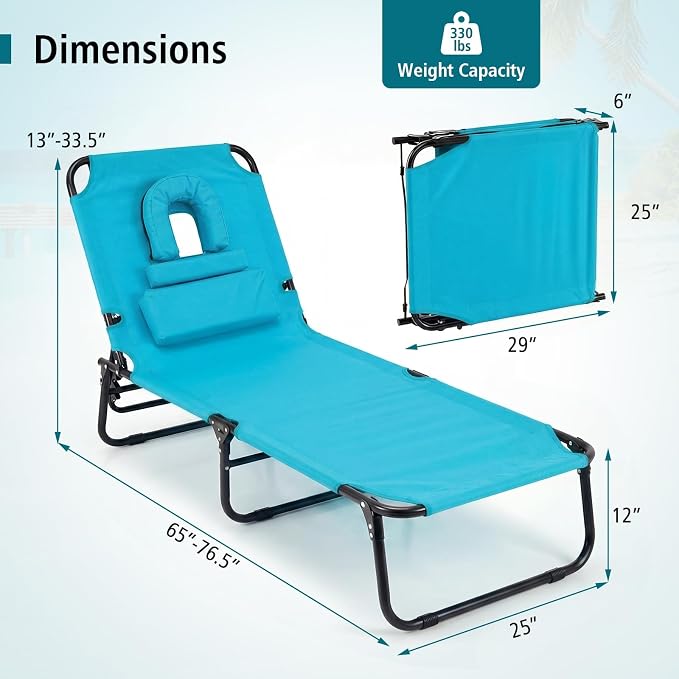 Folding Beach Lounge Chair w/ 5 Adjutable Backrest & Padded Pillow, Sunbathing Lounger Chair, Sun Tanning Lay Flat Chair for Seaside Pool Deck, Max Load 330 LBS, No Assembly Required (Navy)