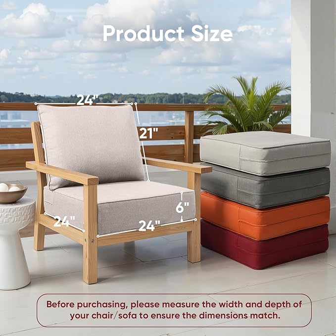 Outdoor Chair Cushions Set of 3, Waterproof 24x24 Patio Chair Cushion, 6" Thickened Seat Cushion for Outdoor Furniture, Couch Cushion Replacement, Include 3 Back & 3 Seat Cushions, Thick/Beige