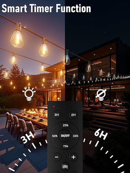luckystyle 150FT LED Outdoor String Lights with Remote, 55+2 Shatterproof Bulbs Waterproof and Dimmable Patio Lights for Porch, Garden, Backyard, Deck, Balcony, 2200K Hanging Lighting