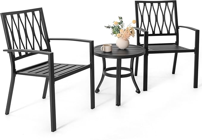 NUU GARDEN 3 Piece Outdoor Bistro Set Patio Set Bistro Table Set Rustproof Patio Table and Chairs with Umbrella Hole for Backyard, Balcony, Front Porch, Black