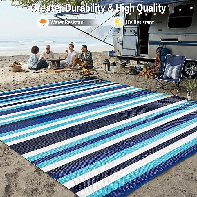 HUGEAR Outdoor Waterproof Rug 8'x10' Plastic Straw Rugs Washable Reversible Floor Mat Blue Stripe Carpet for Camping RV Deck Entryance Porch Picnic Balcony Beach Backyard
