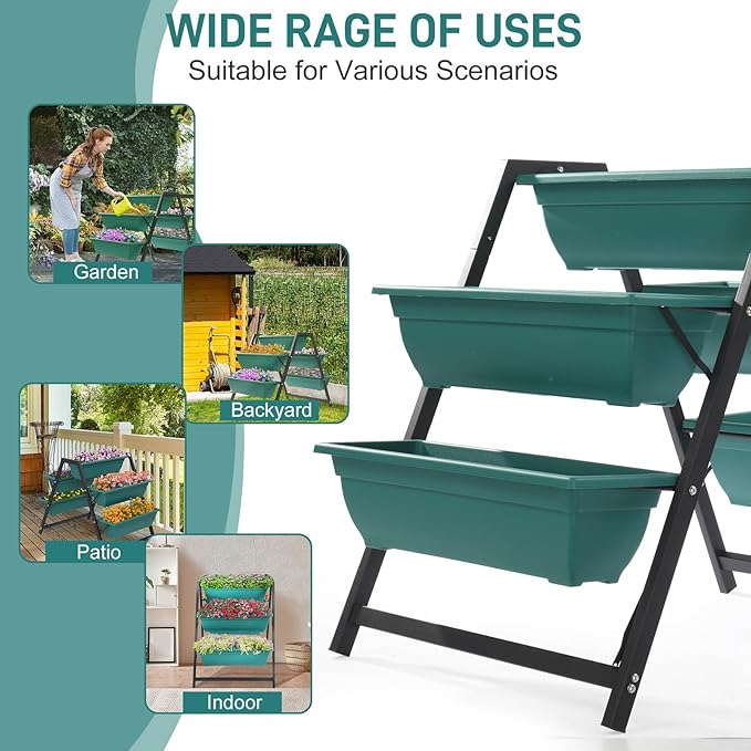 3 Tier Vertical Raised Garden Bed,Plastic & Metal Tiered Planter Stand,Foldable Indoor/Outdoor Plant Display Rack,Flower Planter Raised Stand,with 5 Boxes,for Patio Lawn Porch Yard Balcony (Green)