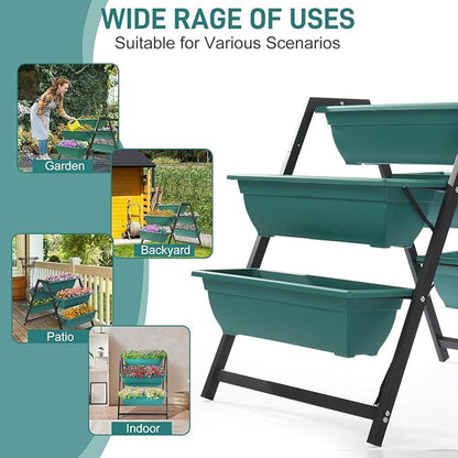 3 Tier Vertical Raised Garden Bed,Plastic & Metal Tiered Planter Stand,Foldable Indoor/Outdoor Plant Display Rack,Flower Planter Raised Stand,with 5 Boxes,for Patio Lawn Porch Yard Balcony (Green)