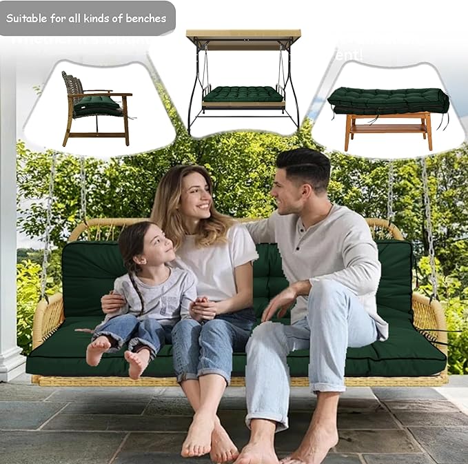Porch Swing Cushion Three Seat, Waterproof Swing Cushions Replacement with Backrest, Outdoor Garden Furniture Patio 4" Thickened Cushions with Ties (Dark Green, 40 x 63in)