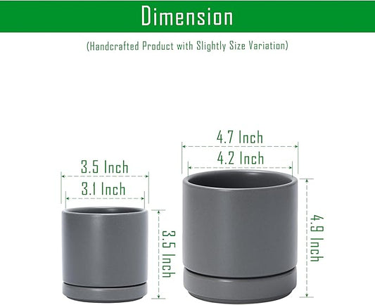 D'vine Dev 3.5 Inch & 4.7 Inch Ceramic Planter Pots for Plants with Drainage Hole and Saucer, X-Small Plant Pots Set, Speckled Grey, 94-G-XS-3