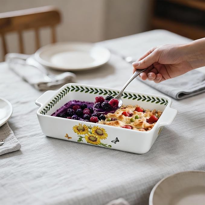 ACMLIFE Ceramic Casserole Dish Set, Ceramic Baking Dish for Oven, Casserole Dish Bakeware Set, Casserole Dishes for Oven, Lasagna Pan, Large Baking Dishes with Handles, Microwave, Dishwasher Safe, Gift Packaging Floral 2 Pcs Set(13"x8"+10.3"x6.3") (Sun...