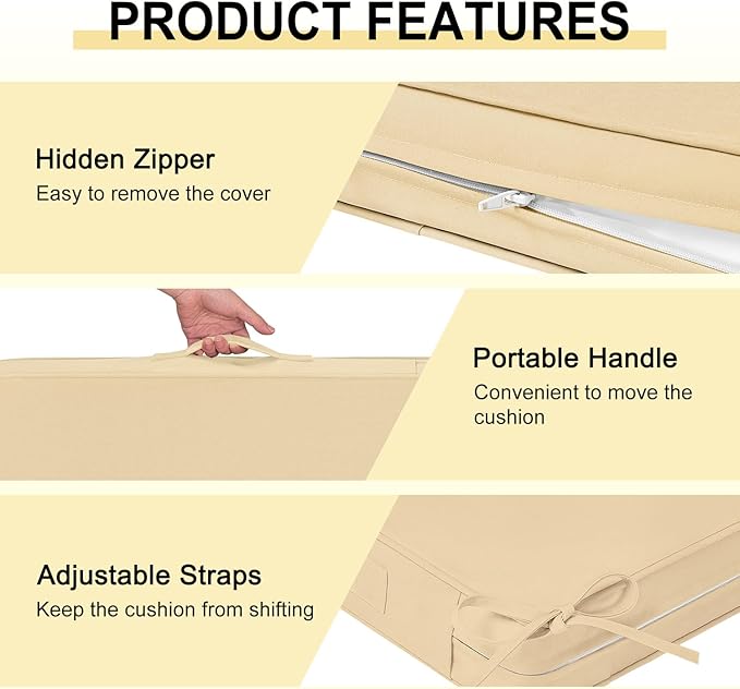 downluxe Waterproof Outdoor Chair Cushions for Patio Furniture, 19" x 19" x 2" Patio Chair Cushion with Adjustable Ties & Portable Handle, Square Outdoor Cushion with Removable Cover, Beige, 2 Pack