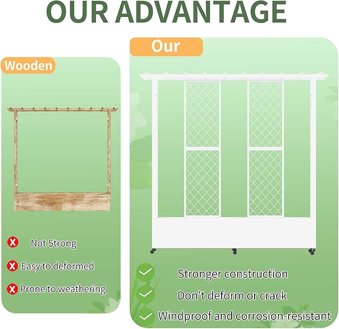 74" Mobile Planter with Trellis,Weatherproof Vertical Raise Garden Bed with Trellis & Hanging Roof for Climbing Plants,Flowers,Vegetables,Rust-Proof Metal Privacy Planter for Patio (White-B)