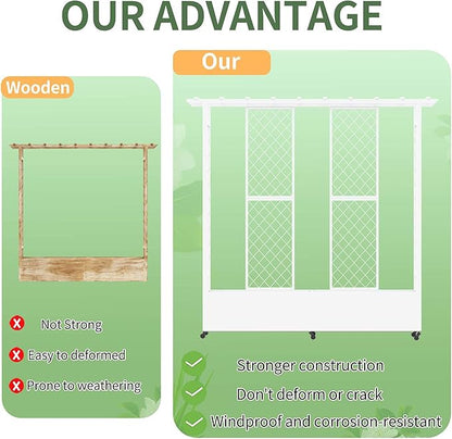 74" Mobile Planter with Trellis,Weatherproof Vertical Raise Garden Bed with Trellis & Hanging Roof for Climbing Plants,Flowers,Vegetables,Rust-Proof Metal Privacy Planter for Patio (White-B)