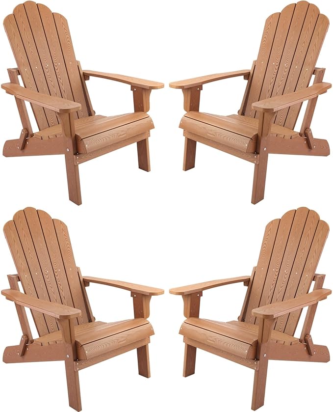 hOmeHua Folding Adirondack Chairs Set of 4, HIPS Foldable Adirondack Chairs Weather Resistant, Plastic Outdoor Chair for Patio, Backyard Deck, Fire Pit Lawn Porch (Wood Color)