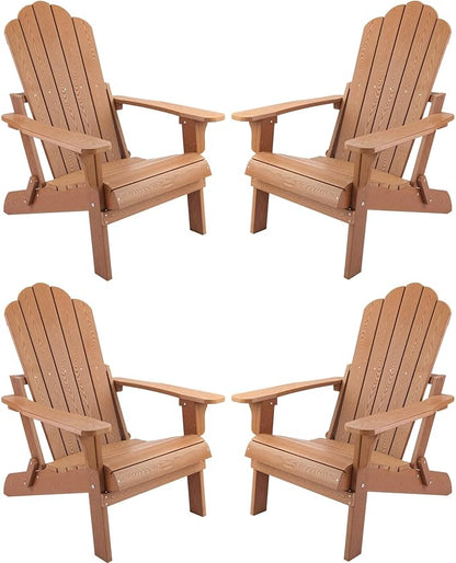 hOmeHua Folding Adirondack Chairs Set of 4, HIPS Foldable Adirondack Chairs Weather Resistant, Plastic Outdoor Chair for Patio, Backyard Deck, Fire Pit Lawn Porch (Wood Color)