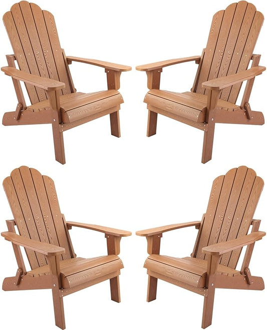 hOmeHua Folding Adirondack Chairs Set of 4, HIPS Foldable Adirondack Chairs Weather Resistant, Plastic Outdoor Chair for Patio, Backyard Deck, Fire Pit Lawn Porch (Wood Color)