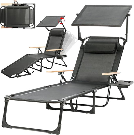 Outdoor Chaise Lounge Chair with 4-Position Adjustable Backrest,Patio Folding Sun Tanning Chair,Pillow & Cup Holder,Portable Recliner Sunbathing Lounger Chairs for Beach Garden (Black with Shade)