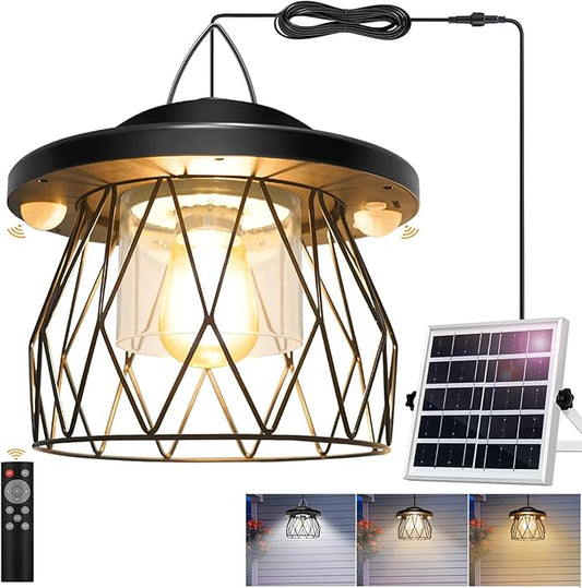 Shed Light Solar Powered, 2 Motion Sensor Lights Outdoor with Remote, Unique Diamond Design Metal Frame Hanging Lantern with Timer, Gazebo Lights for Patio Barn Garage Shop