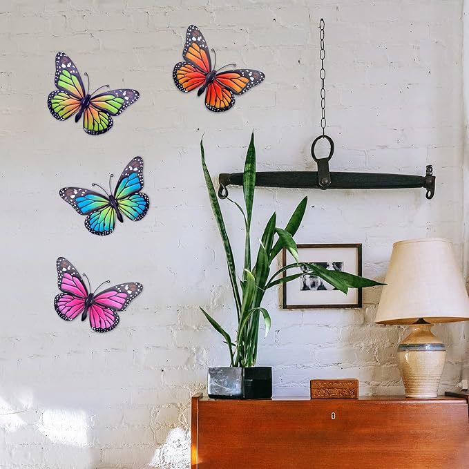 Metal Butterfly Wall Art Outdoor Decor - 4 Pack 9.8in Butterflies Wall Sculpture Hanging Decor for Outdoor and Indoor, Balcony Yard Patio Fence Garden Decorations, Nice Gift for Mom Friend