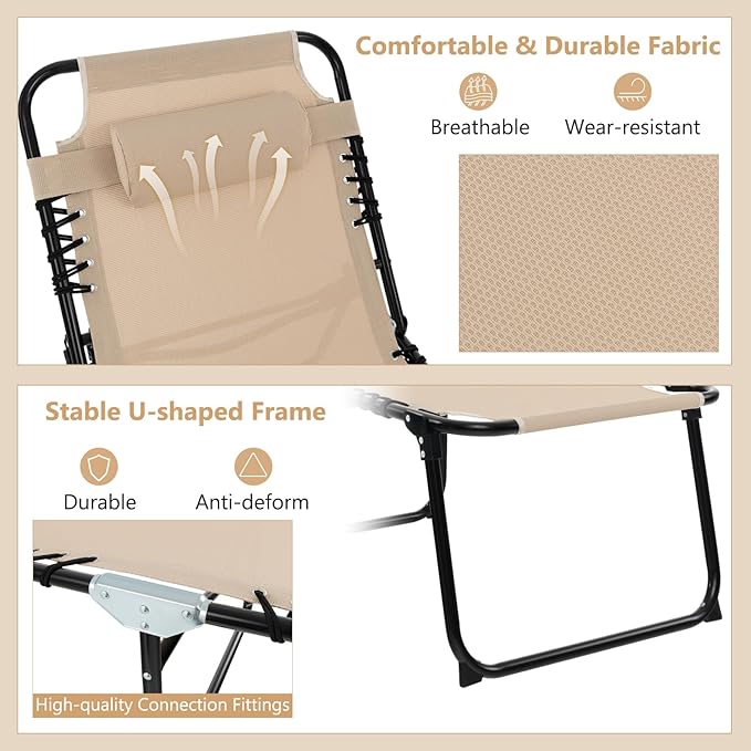 Giantex Patio Lounge Chairs for Outside - Set of 2 Folding Tanning Chair w/Headrest, 4 Adjustable Positions, Side Pocket, Outdoor Chaise Lounge for Camping, Pool, Sunbathing Beach Chair, Beige