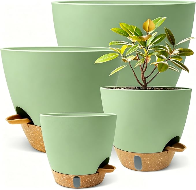 12"/10"/9"/8" Self Watering Pots with Visual Water Window,Extra Large Self Watering Plant Pots with Drainage Holes & Saucers,Green Planters for Indoor Plants,4-Pack