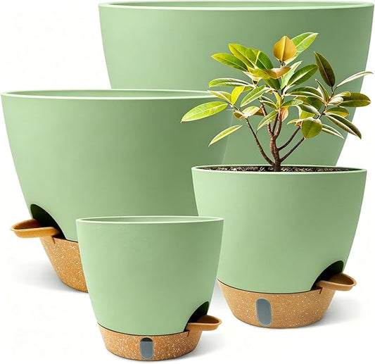 12"/10"/9"/8" Self Watering Pots with Visual Water Window,Extra Large Self Watering Plant Pots with Drainage Holes & Saucers,Green Planters for Indoor Plants,4-Pack
