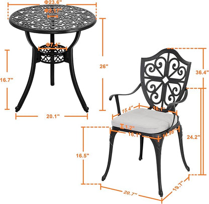 NUU GARDEN 3-Piece Cast Aluminum Bistro Set, Outdoor Patio Bistro Table and Chairs with Umbrella Hole and Grey Cushions, Black