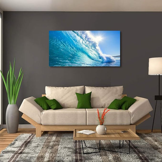 Haichuang Decor Art Ocean Wave Canvas Wall Art, 40x20 Inches Framed Turquoise Sea Wave Wall Decor, Wood Frame Waterproof HD Giclee Print, Ready to Hang Coastal Artwork for Living Room Bathroom Office
