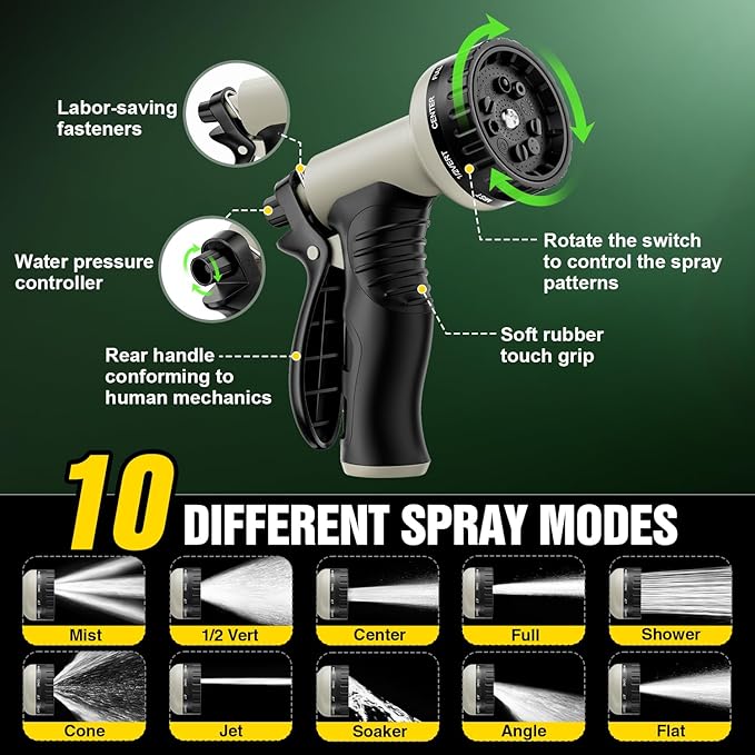 Garden Hose 25 ft Non-Expandable, Flexible Water Hose, Lightweight Hose with 10-Function Nozzle for Yard, Portable, Leak Proof, All-Weather Water Pipe for Outdoor, Car Wash, RV, Lawn