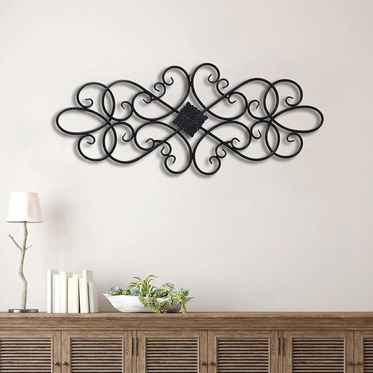 Sintosin Black Wrought Iron Wall Decor 32" x 13", Hanging Flower Scroll Metal Wall Art Decor, Living Room Wall Decor, Vintage House Decorations for Indoor Outdoor Fireplace Bedroom