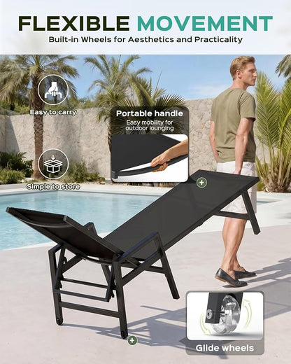 Patio Chaise Lounge Chair Outdoor with Wheels&Armrests, Aluminum Pool Lounge Chairs Set of 2 Five-Position Adjustable Recliner, Outdoor Beach Lounge Chairs for Outside, Patio, Deck, Yard, Black